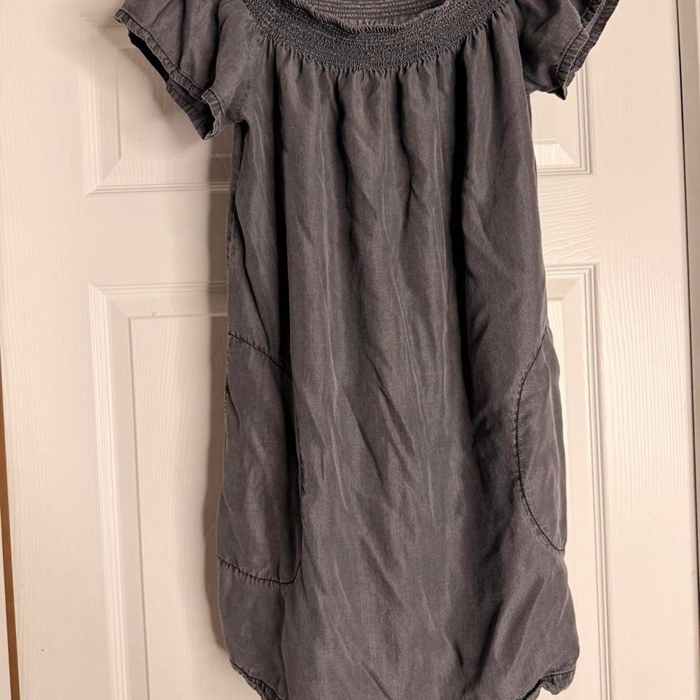 Fine and Dandy Smocked Off Shoulder Mini Dress Gray Chambray Boho Pockets M
